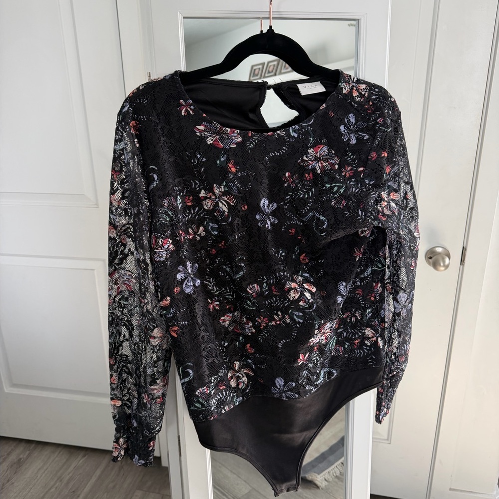 VILA Black Floral Lace Long-Sleeve Bodysuit